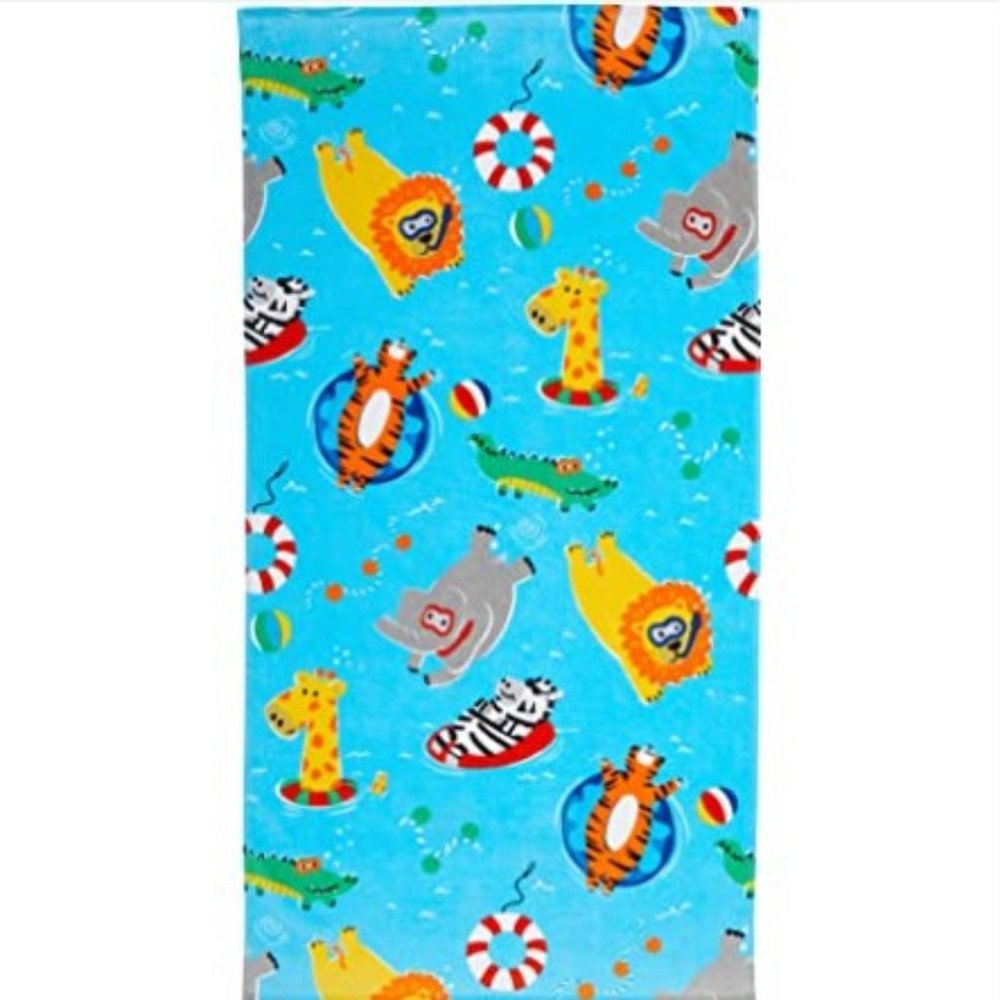 Beach Towel for Kids & Toddlers -100% Cotton  (Animal Pool Party Pattern/Blue)